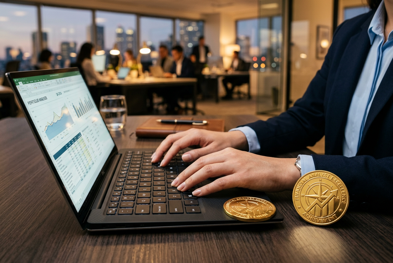Close-up of hands typing on a laptop with a gold coin nearby