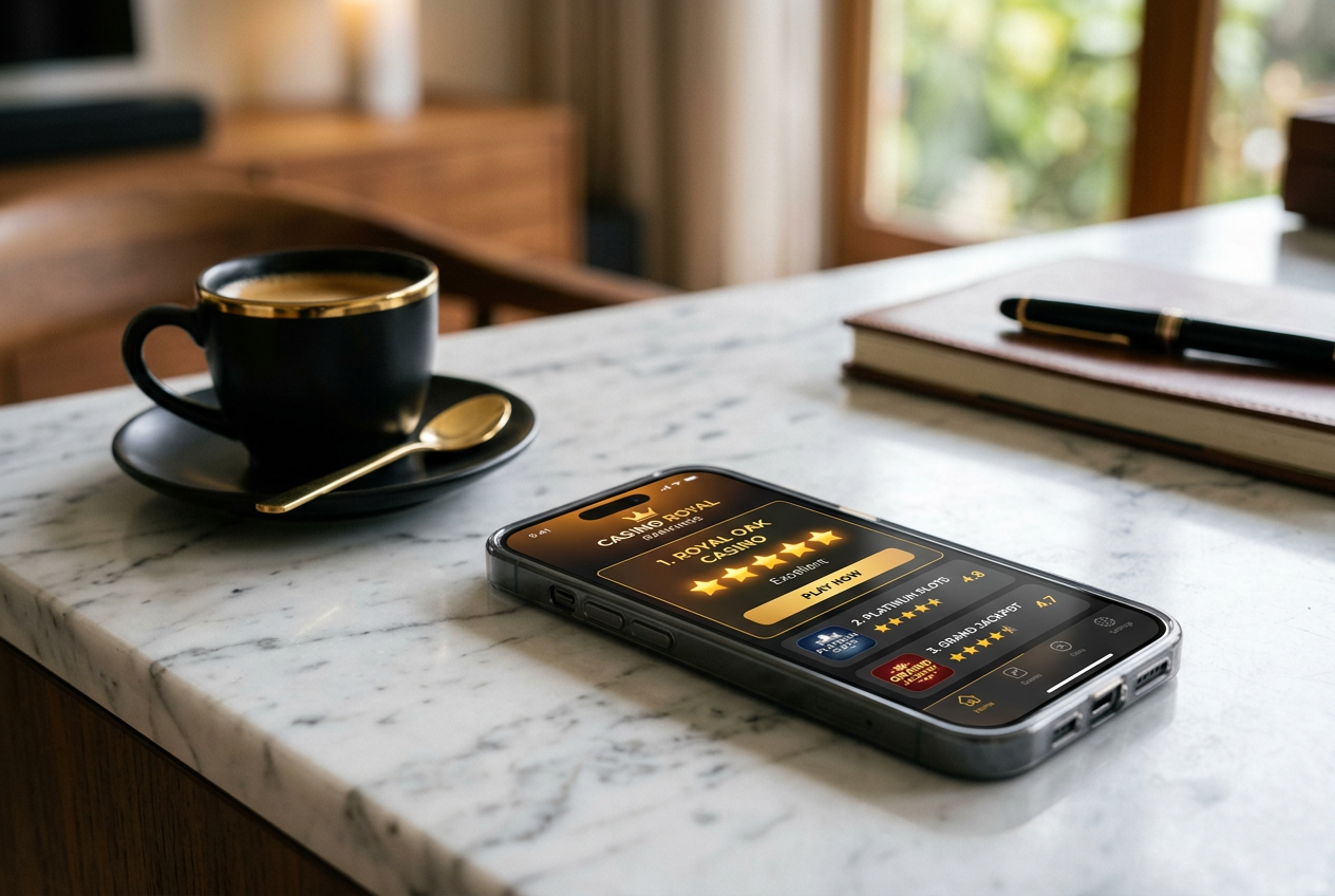 Smartphone displaying a list of top-rated casinos on a marble desk